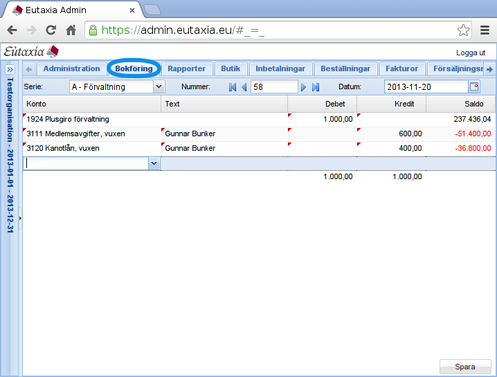 Screenshot of the accounting view