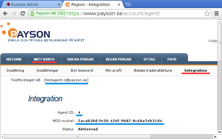 Screenshot of Payson agent integration information